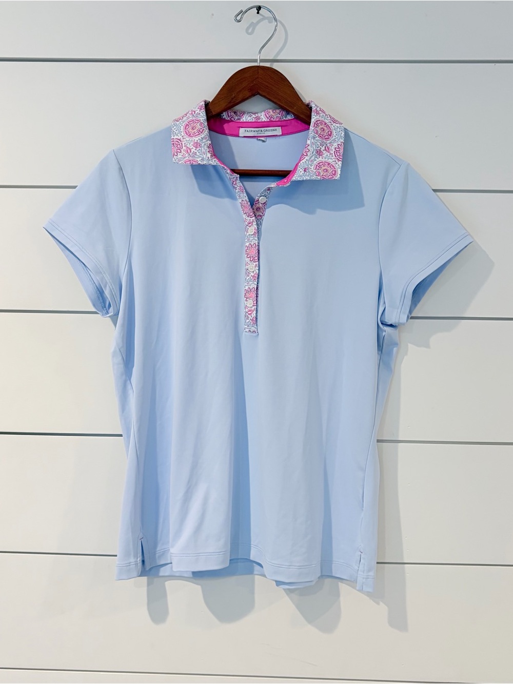 Fairway & Greene Golfcore Coastal Preppy Polo Blue Pink Paisley Top Tenniscore
